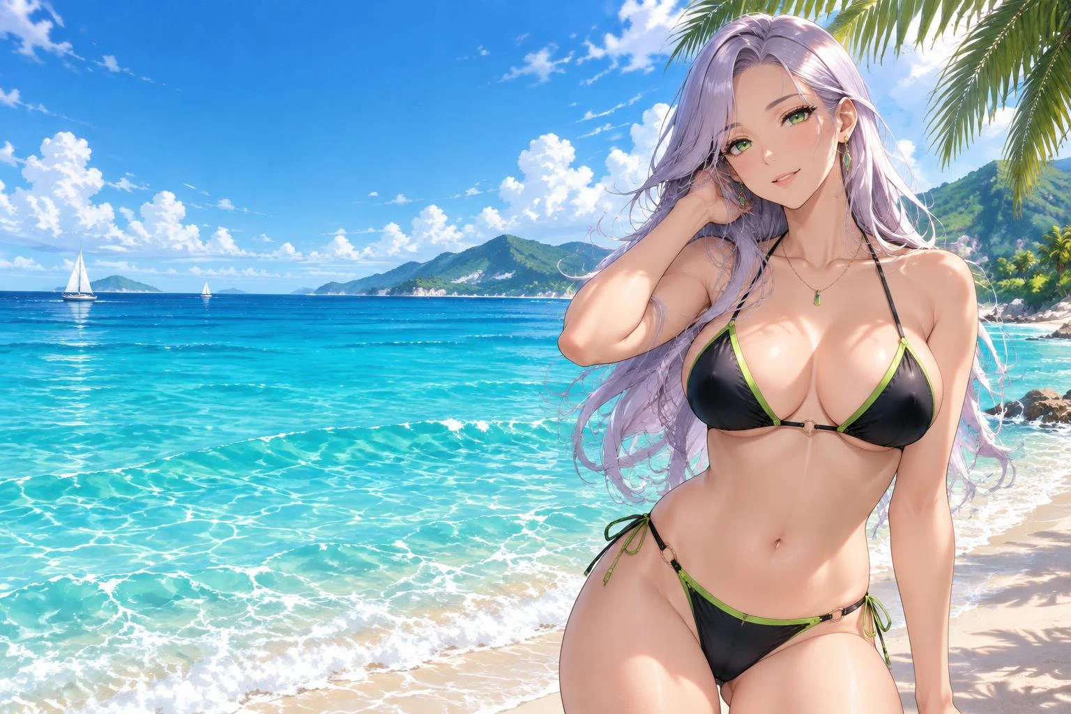 Original illustration of an adult anime companion on a sunlit tropical beach